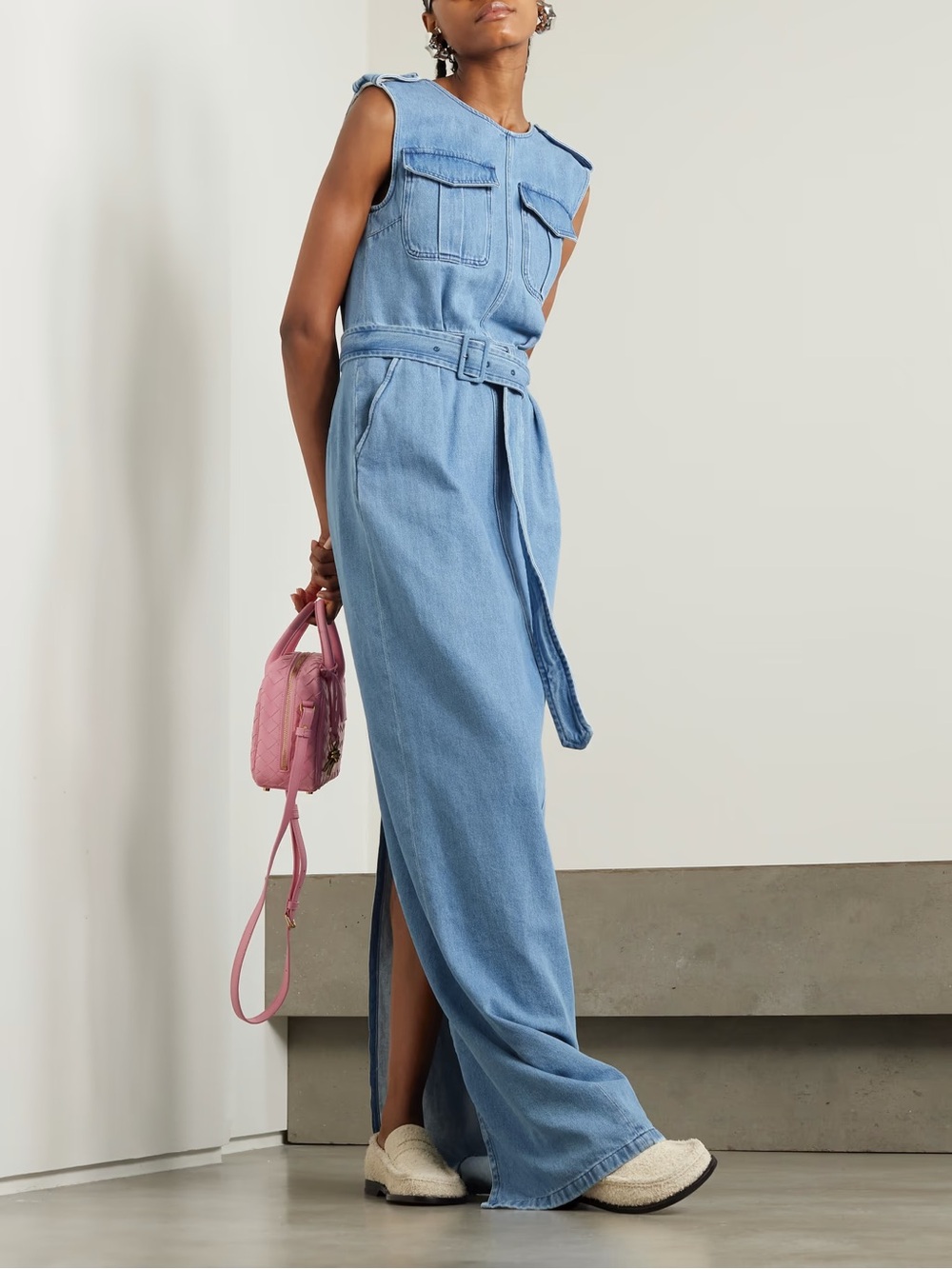 Dries Van Noten Belted Denim Maxi Dress Open Back Blue Size 42